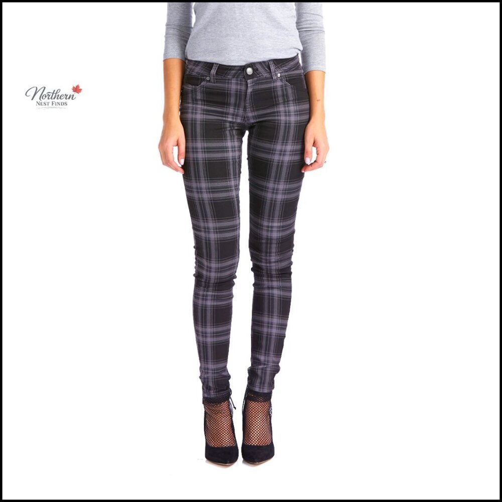 Mid Rise Skinny Stretch Jeans Plaid Tartan Pants